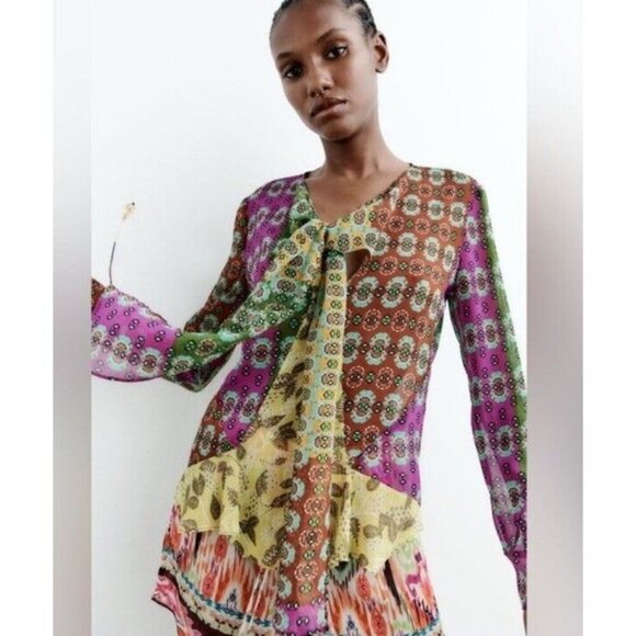Zara Tops - Zara Studio Zodiac Printed Long Sleeve Blouse with Tie Detail Size M Medium Boho